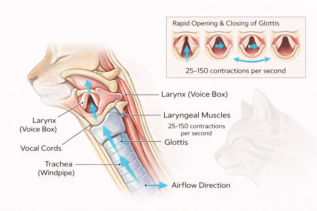 Anatomical diagram of cat larynx showing vocal cords, glottis, and purring mechanism with labeled parts