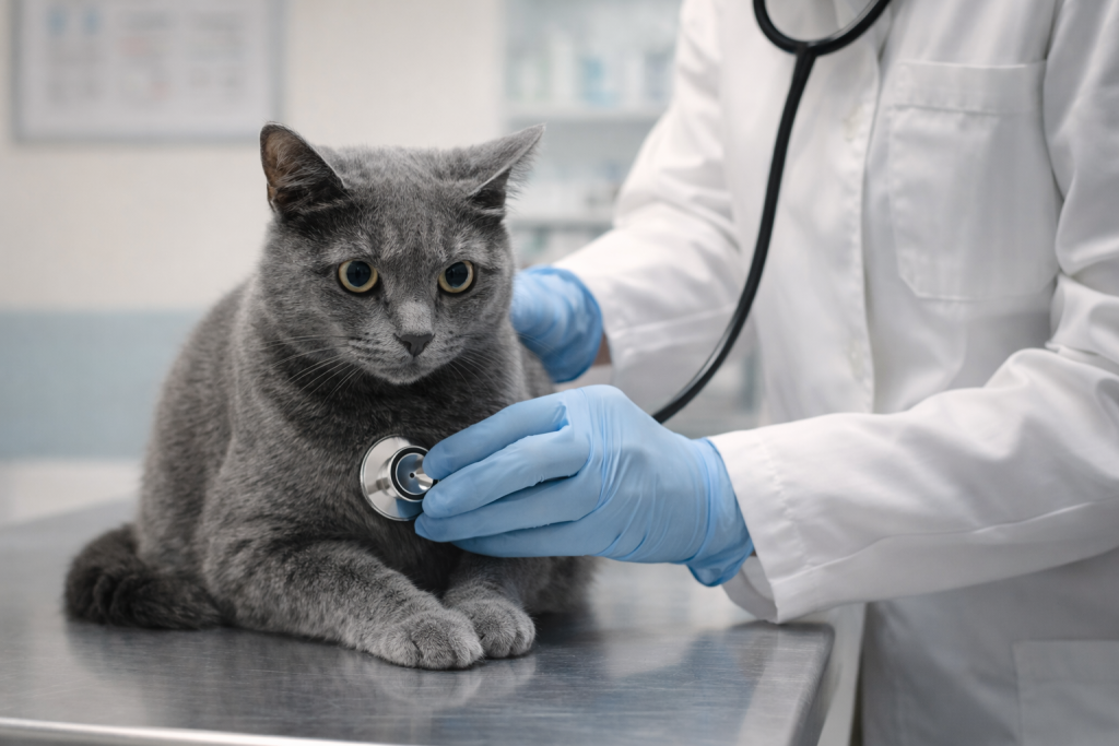 Gray cat with dilated pupils and tense posture being examined by veterinarian showing stress purring behavior