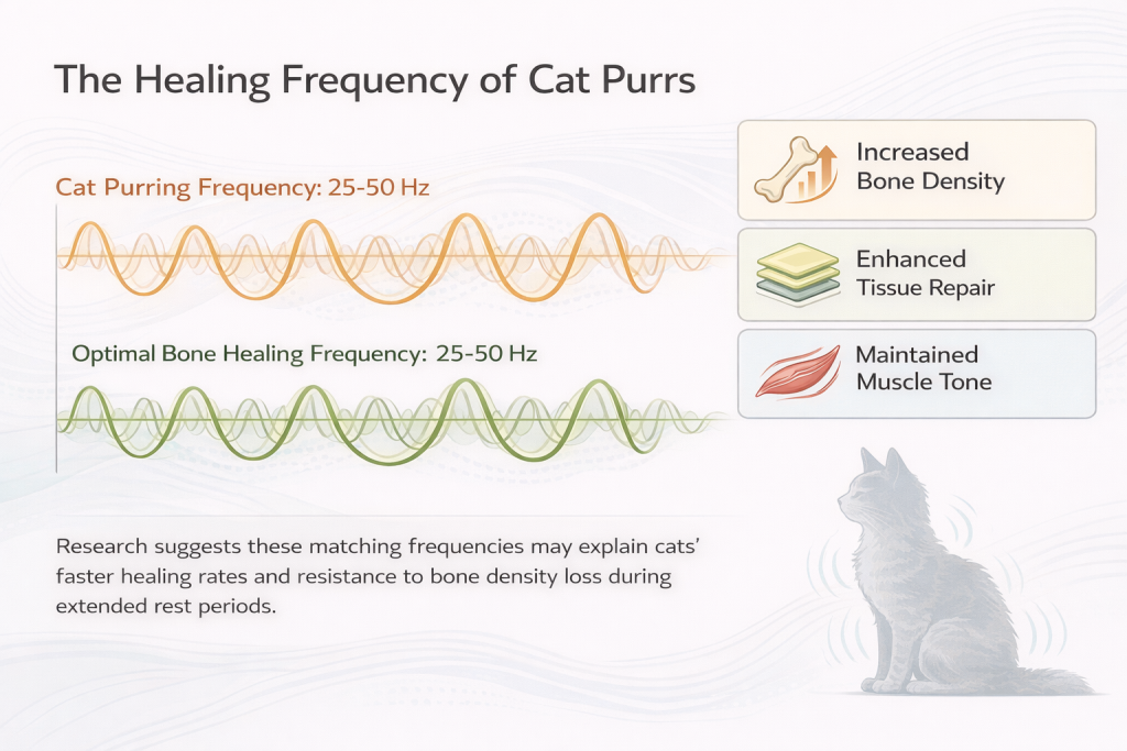 Scientific chart comparing cat purring frequency 25-50 Hz to bone healing frequency showing matching wave patterns