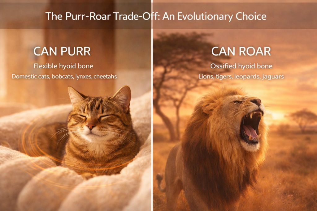 Split image comparing domestic cat purring peacefully on left versus lion roaring powerfully on right showing evolutionary trade-off