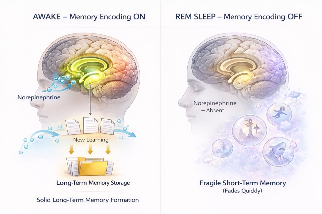 Visual explanation of dream amnesia showing memory formation differences between waking and REM sleep
