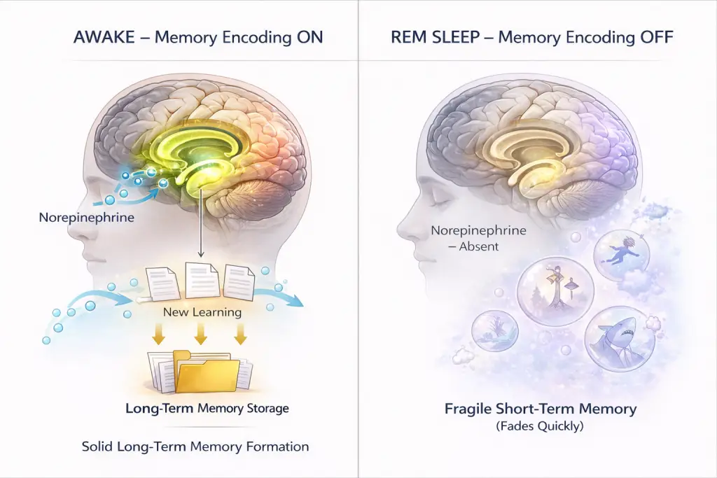Visual explanation of dream amnesia showing memory formation differences between waking and REM sleep