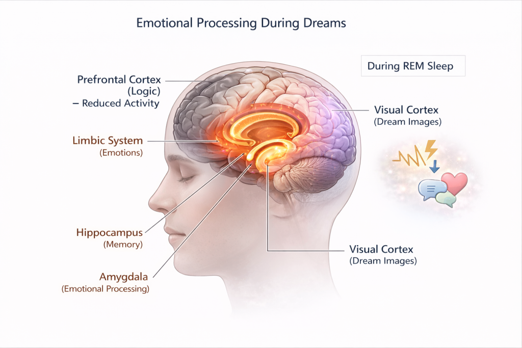 Illustration showing the amygdala and limbic system actively processing emotions during REM sleep dreams