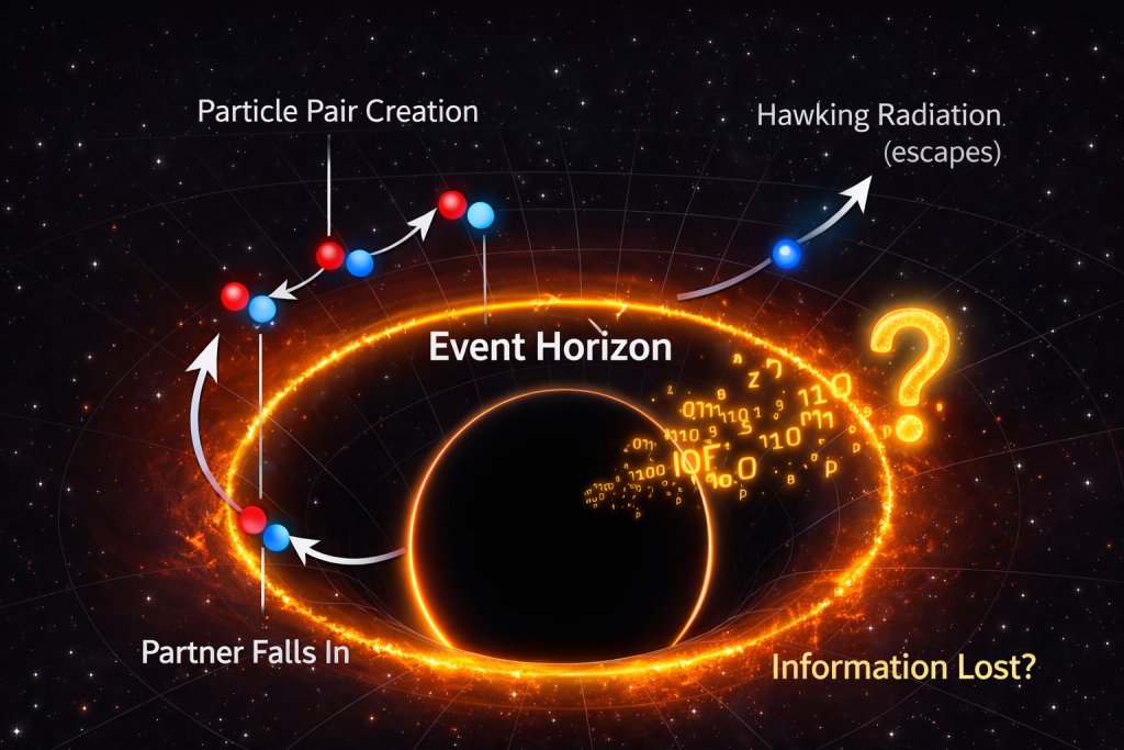 Diagram illustrating Hawking radiation being emitted from a black hole event horizon with quantum particle pairs