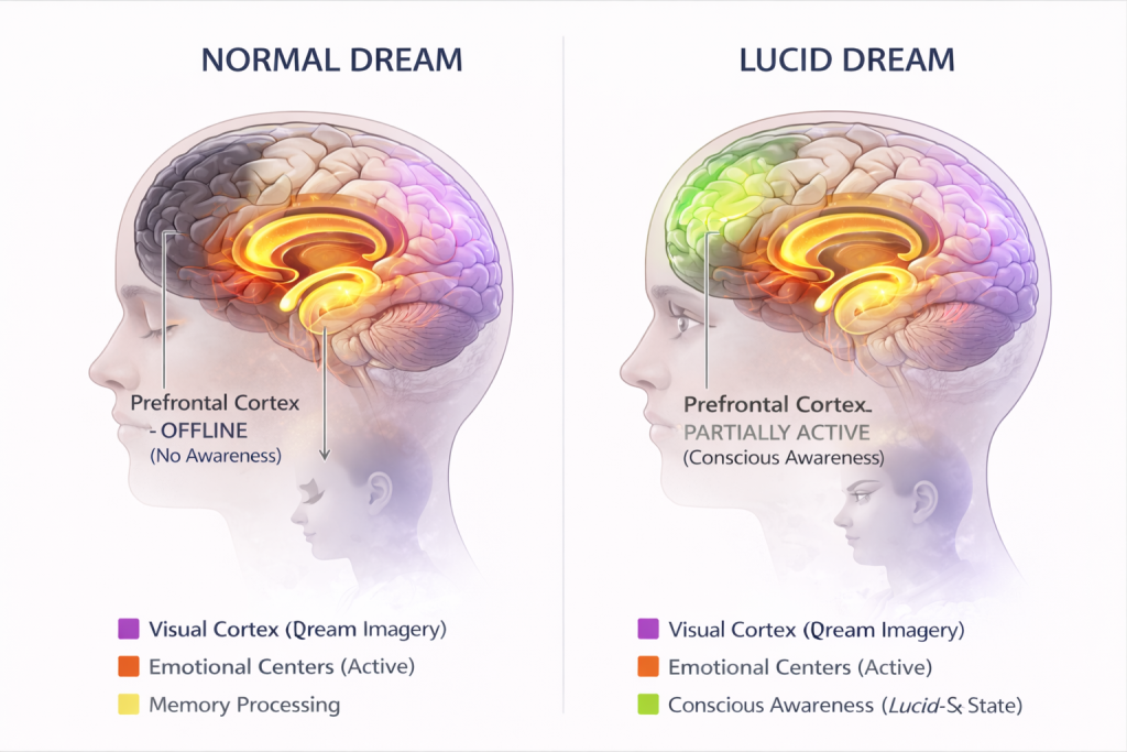 Brain scan comparison showing prefrontal cortex reactivation during lucid dreaming versus normal REM sleep