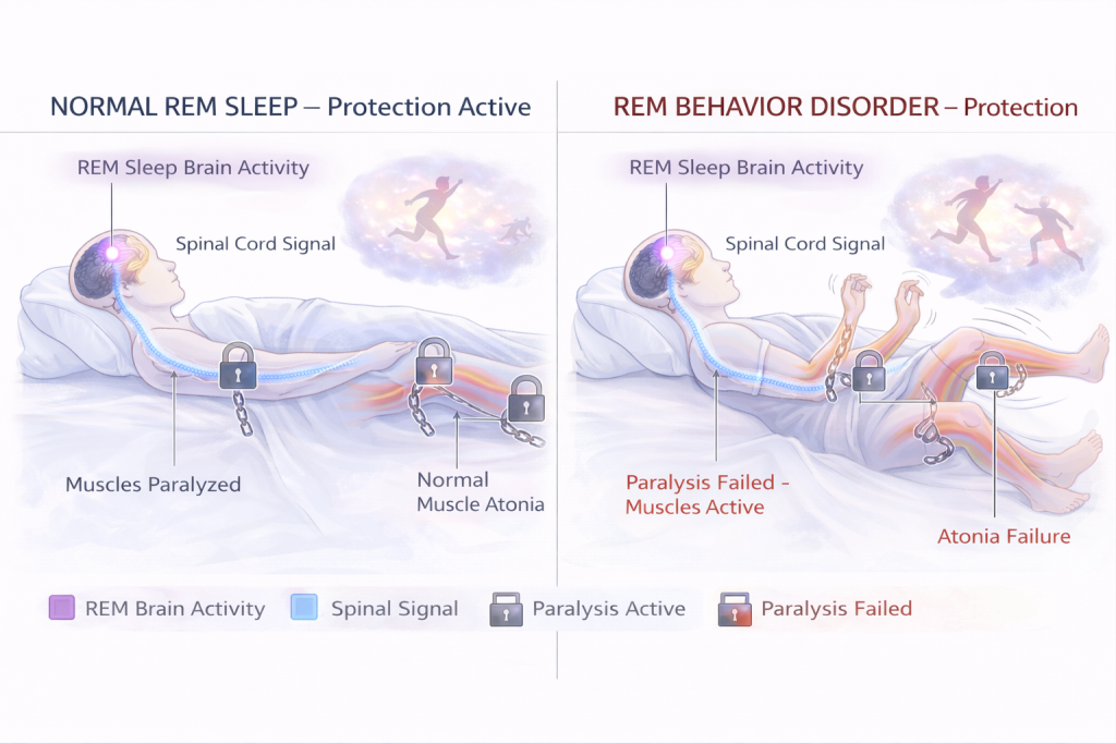 Diagram showing normal REM sleep muscle paralysis versus REM behavior disorder when protection fails