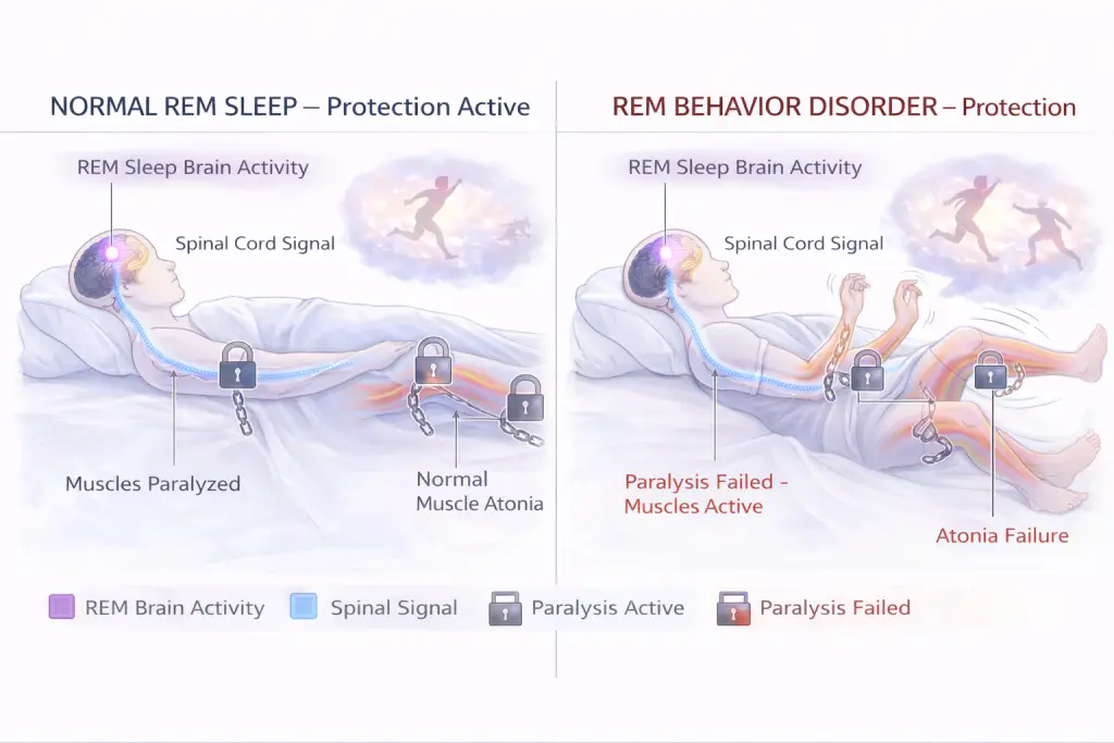 Diagram showing normal REM sleep muscle paralysis versus REM behavior disorder when protection fails