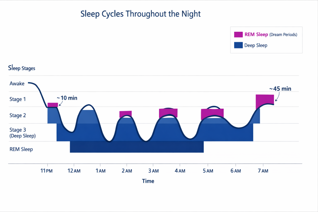 Sleep cycle chart illustrating multiple REM periods throughout the night with increasing duration