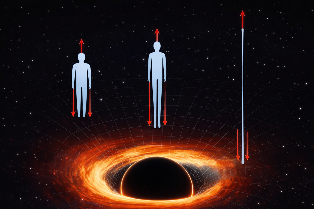 Illustration showing tidal forces stretching an object into a thin strand near a black hole's event horizon
