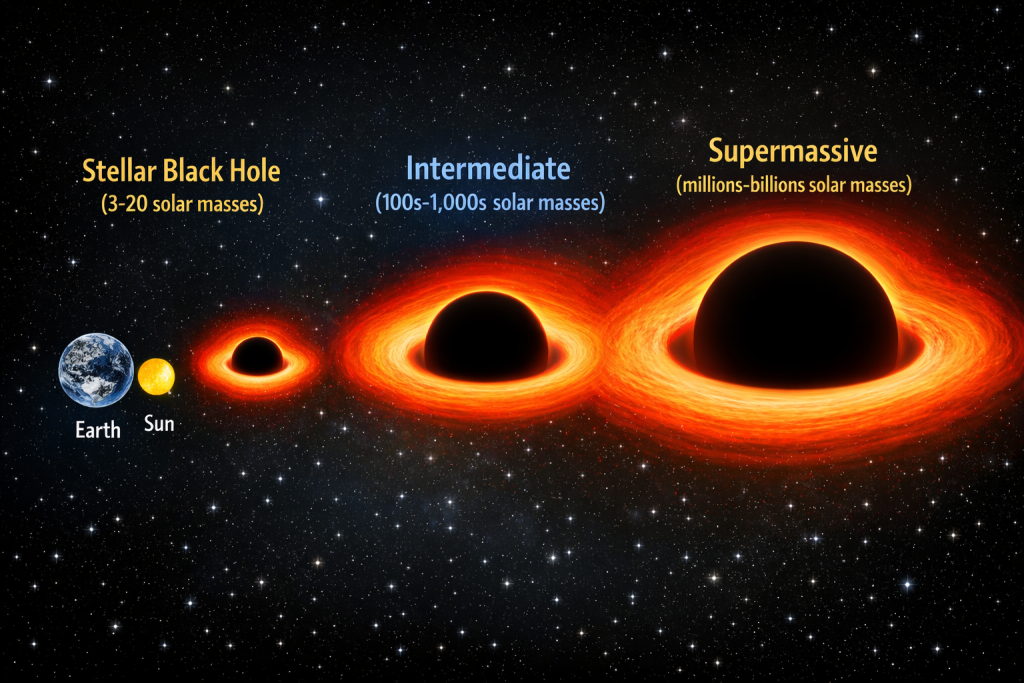 Infographic comparing stellar, intermediate, and supermassive black holes with Earth and Sun for scale