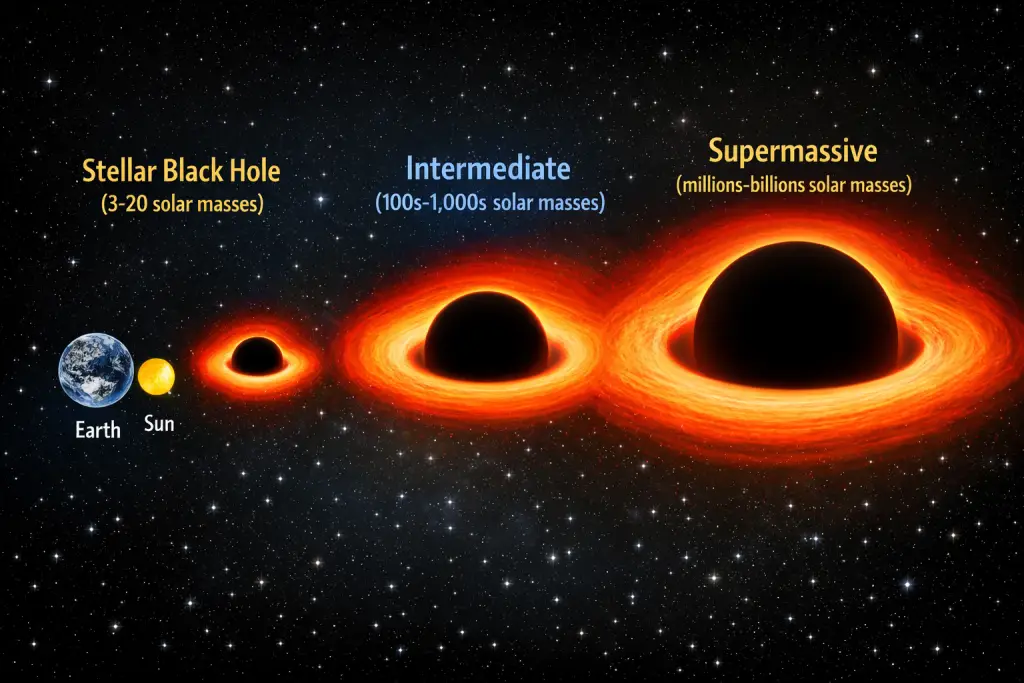 Infographic comparing stellar, intermediate, and supermassive black holes with Earth and Sun for scale