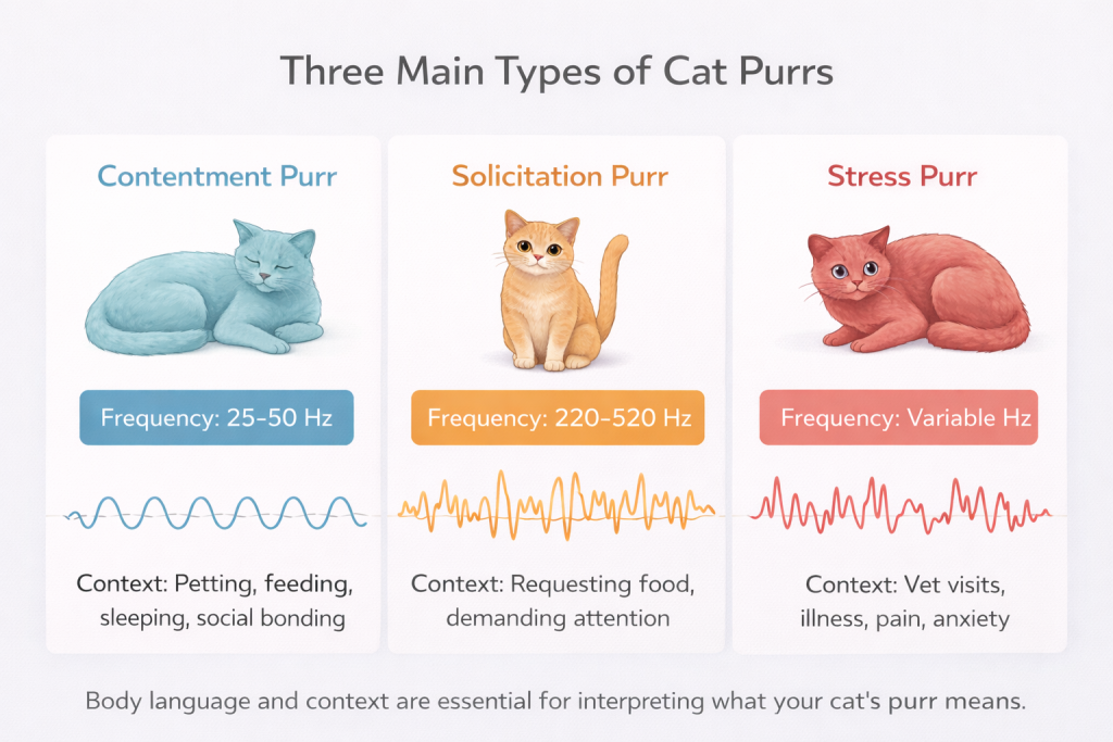 Infographic showing three types of cat purrs: contentment purr at 25-50 Hz, solicitation purr at 220-520 Hz, and stress purr with variable frequency