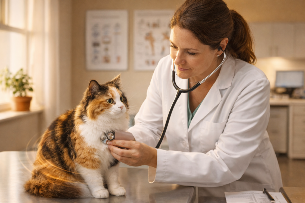 Professional veterinarian in white coat carefully examining calm calico cat on examination table with stethoscope