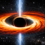 Dramatic visualization showing what happens in black hole with event horizon, accretion disk, and spacetime warping effects