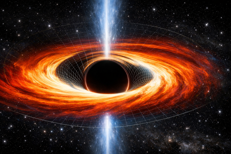 Dramatic visualization showing what happens in black hole with event horizon, accretion disk, and spacetime warping effects