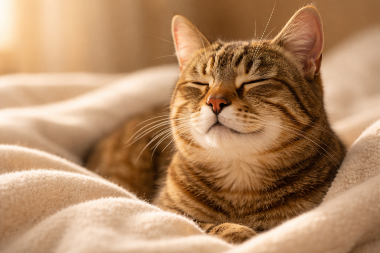 Content orange tabby cat with closed eyes purring peacefully on cream blanket in warm sunlight