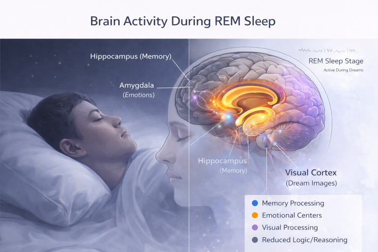 Brain scan showing neural activity during REM sleep explaining why we dream at night