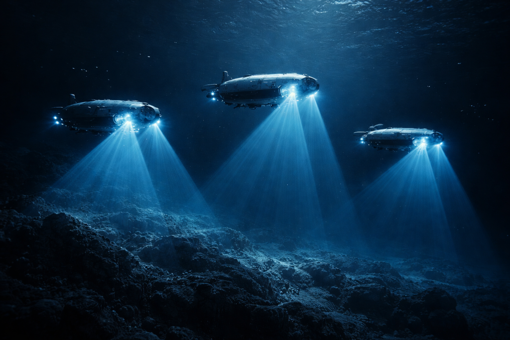 AI-powered autonomous underwater vehicles conducting ocean floor unexplored
mapping missions in formation, representing the future of deep-sea exploration technology.