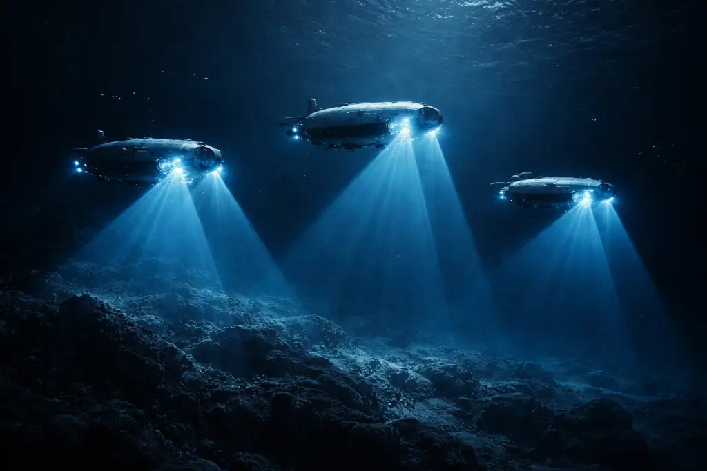 AI-powered autonomous underwater vehicles conducting ocean floor unexplored 
mapping missions in formation, representing the future of deep-sea exploration technology.