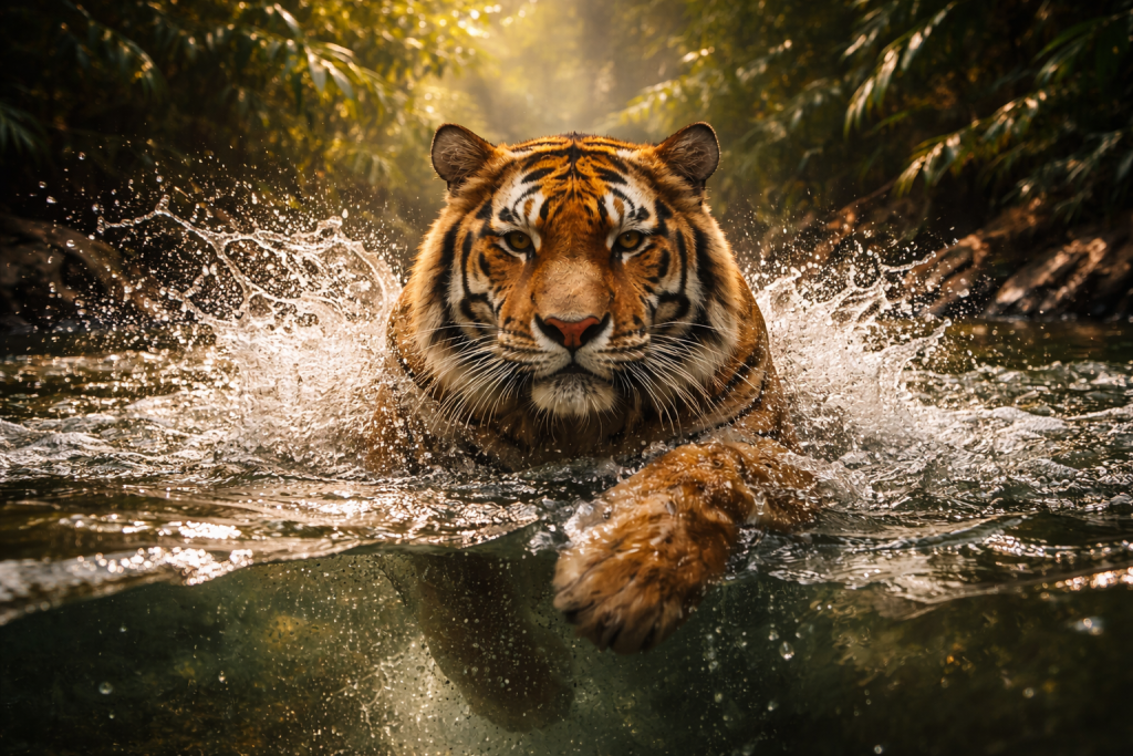 Bengal tiger swimming powerfully through a jungle river, contrasting with why domestic cats hate water