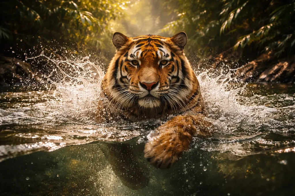 Bengal tiger swimming powerfully through a jungle river, contrasting with why domestic cats hate water