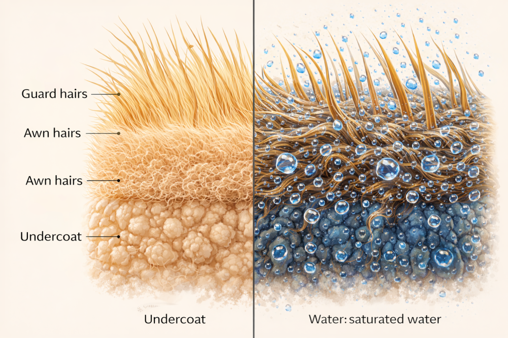 Scientific cross-section diagram showing why cats hate water — cat fur layers saturating versus staying dry