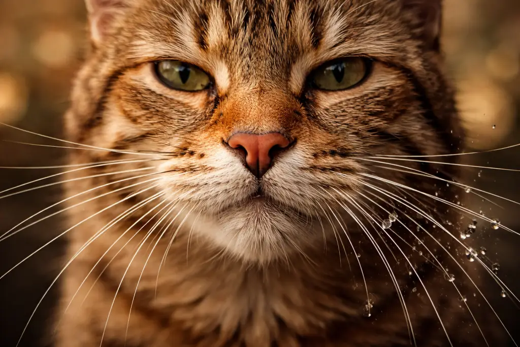 Close-up of cat whiskers — wet versus dry showing sensory disruption explaining why cats hate water