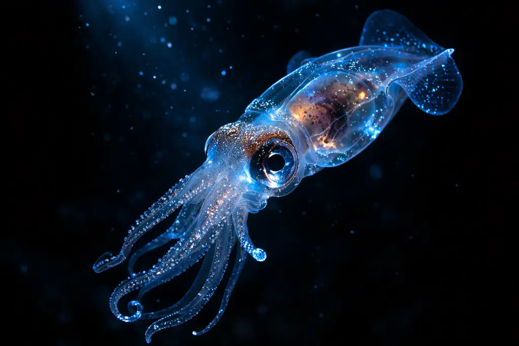 A juvenile colossal squid glowing in bioluminescent light in the deep ocean, 
representing the extraordinary 2025 deep-sea discoveries made by the Schmidt Ocean Institute.