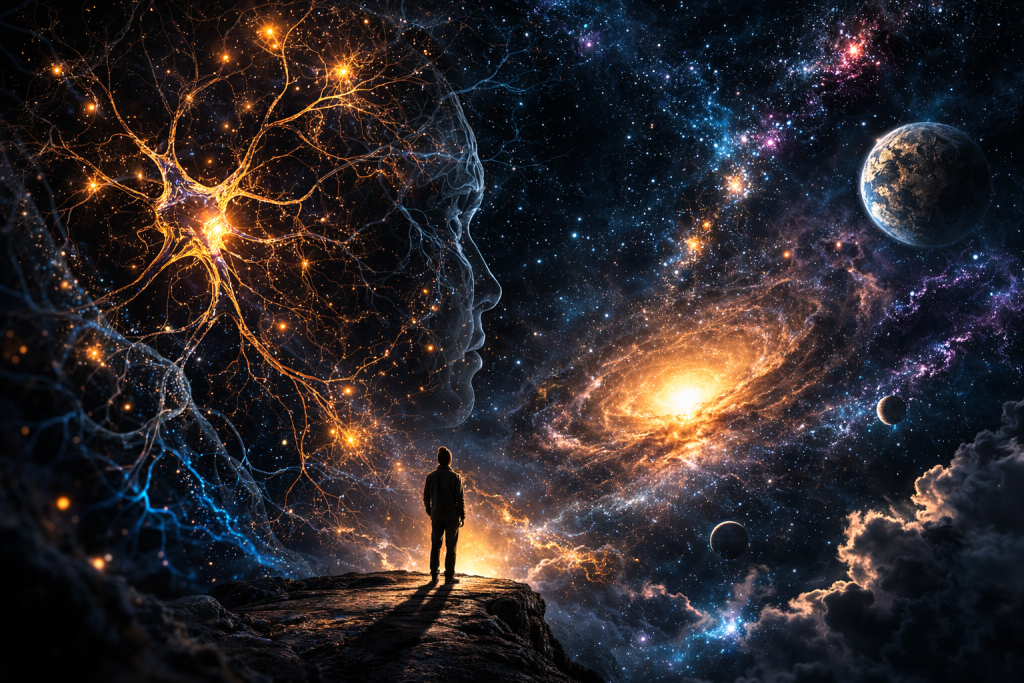 Human figure standing at the edge of a cosmic void, representing the unsolved mystery of consciousness and death