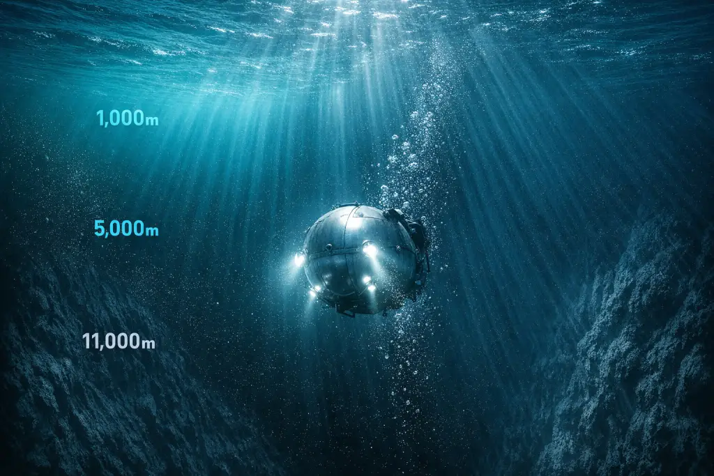 Cross-section diagram showing ocean depth zones from the sunlit surface to 
the crushing darkness of the Mariana Trench, illustrating why deep-sea exploration 
is so difficult.