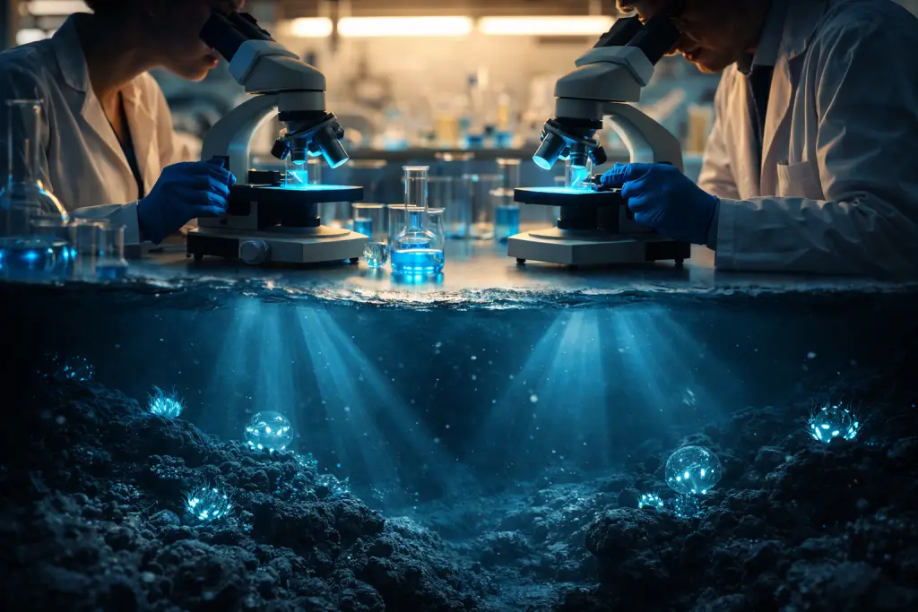 A split image connecting deep-sea bioluminescent organisms with medical 
research, symbolising the potential medical and scientific discoveries waiting in 
Earth's unexplored ocean depths.