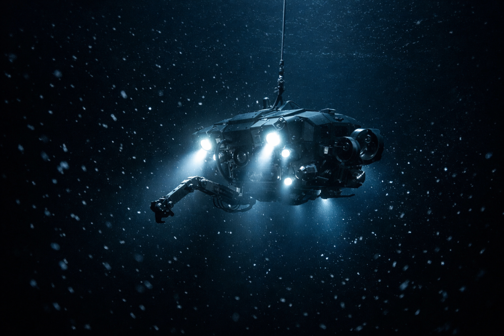 A remotely operated vehicle illuminating the deep ocean floor unexplored
darkness, tethered to a research ship above as it descends into the abyss.