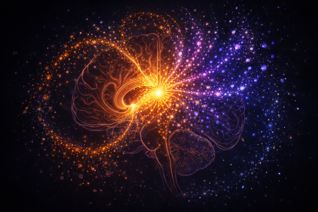 Human figure standing at the edge of a cosmic void, representing the unsolved mystery of consciousness and death