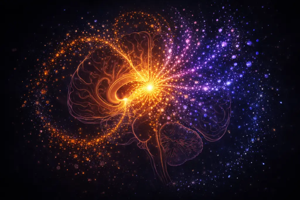 Human figure standing at the edge of a cosmic void, representing the unsolved mystery of consciousness and death