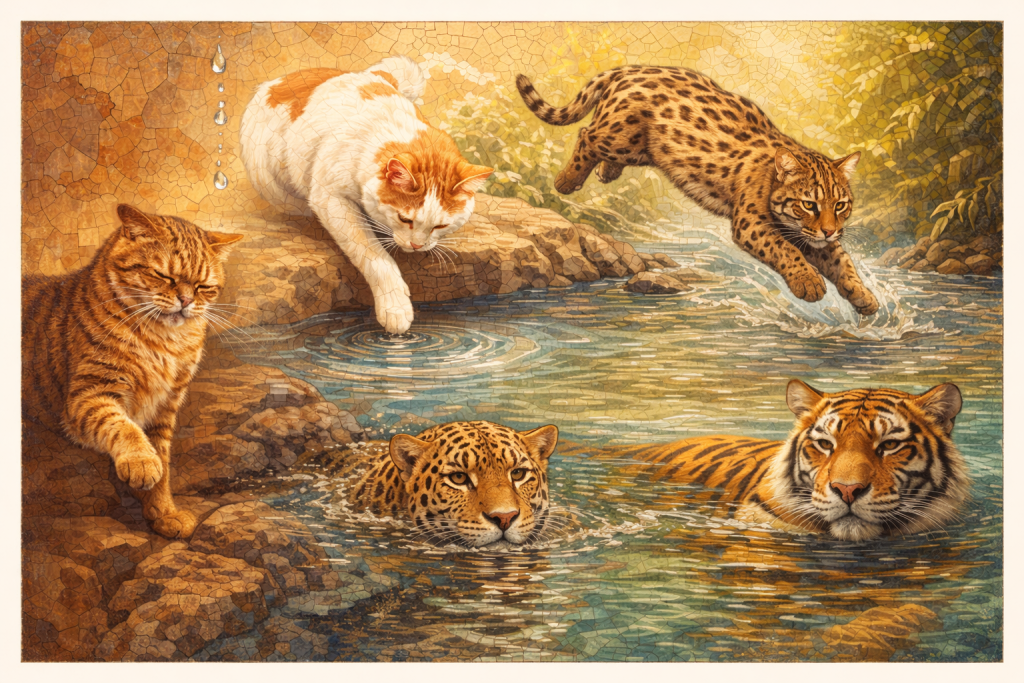 Illustration of five cat species from domestic tabby to jaguar showing the evolutionary spectrum of water comfort in the cat family