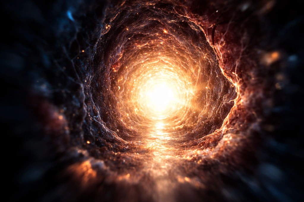 First-person view of a near-death experience tunnel of light, representing what happens to your brain when you die