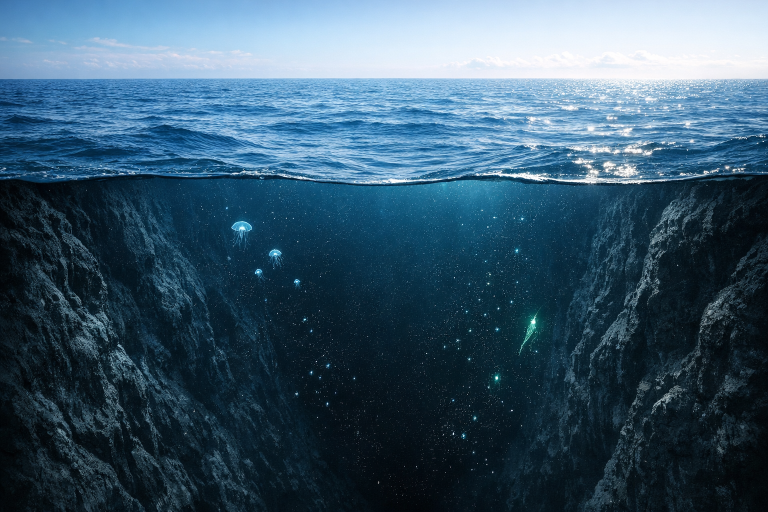 The ocean floor unexplored — a dark, bioluminescent deep-sea environment photographed from above, showing the vast unknown depths of Earth's oceans.