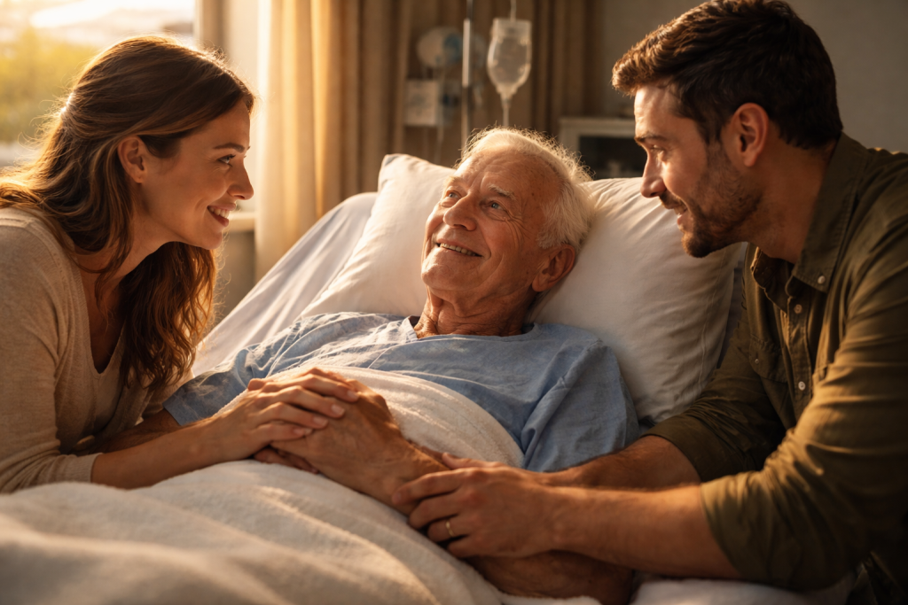 Elderly patient experiencing terminal lucidity, holding hands with family in a warm hospital room