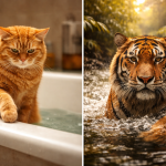 Domestic cat avoiding water next to swimming tiger — why do cats hate water evolutionary comparison