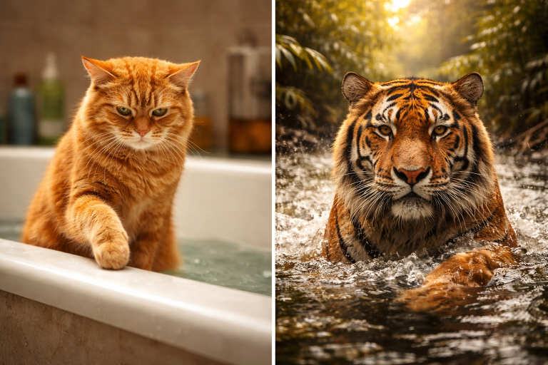 Domestic cat avoiding water next to swimming tiger — why do cats hate water evolutionary comparison