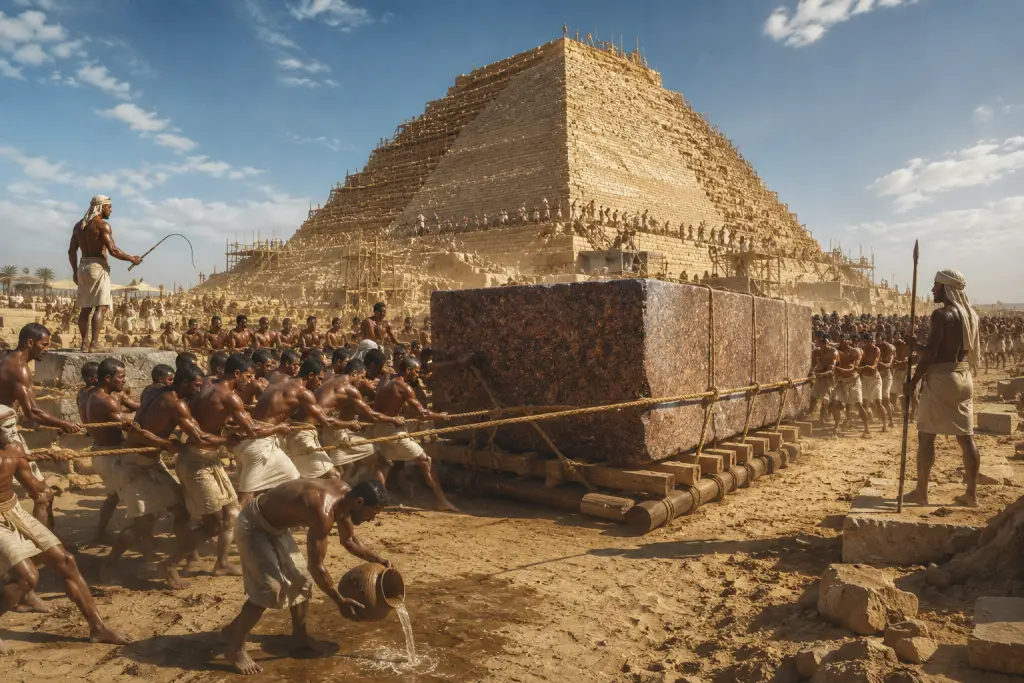 Ancient Egyptian workers hauling a massive stone block on wooden sledges using
wet sand friction reduction technique during pyramid construction.