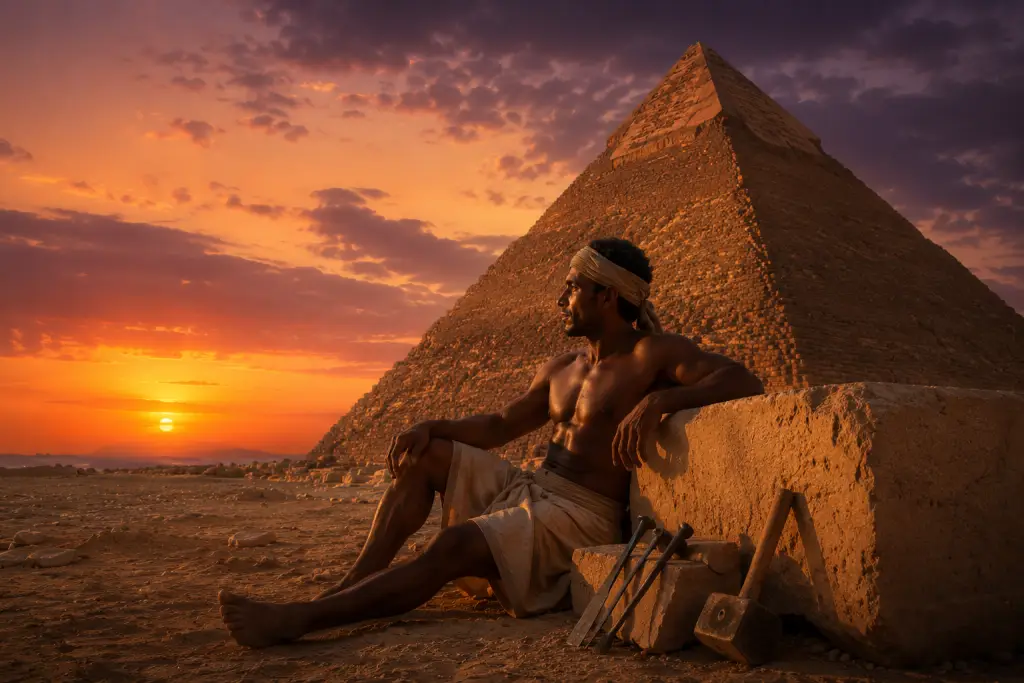 Ancient Egyptian pyramid builder resting at sunset beside a finished limestone
block with the Great Pyramid silhouetted in the background.
