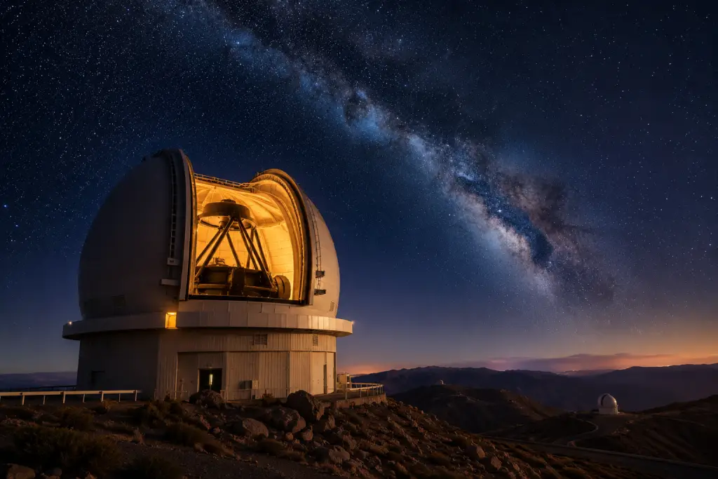 DESI telescope dome at Kitt Peak Observatory at night, used to collect the 2025 dark energy survey data