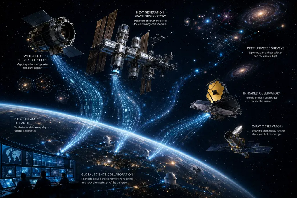 Concept illustration of future space telescopes searching for answers about dark energy and the universe's expansion