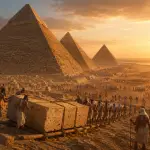 How did ancient Egyptians build pyramids — aerial view of the Great Pyramids of Giza at golden hour with construction workforce in the foreground.