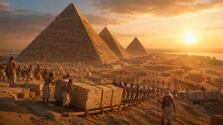 How did ancient Egyptians build pyramids — aerial view of the Great Pyramids of Giza at golden hour with construction workforce in the foreground.