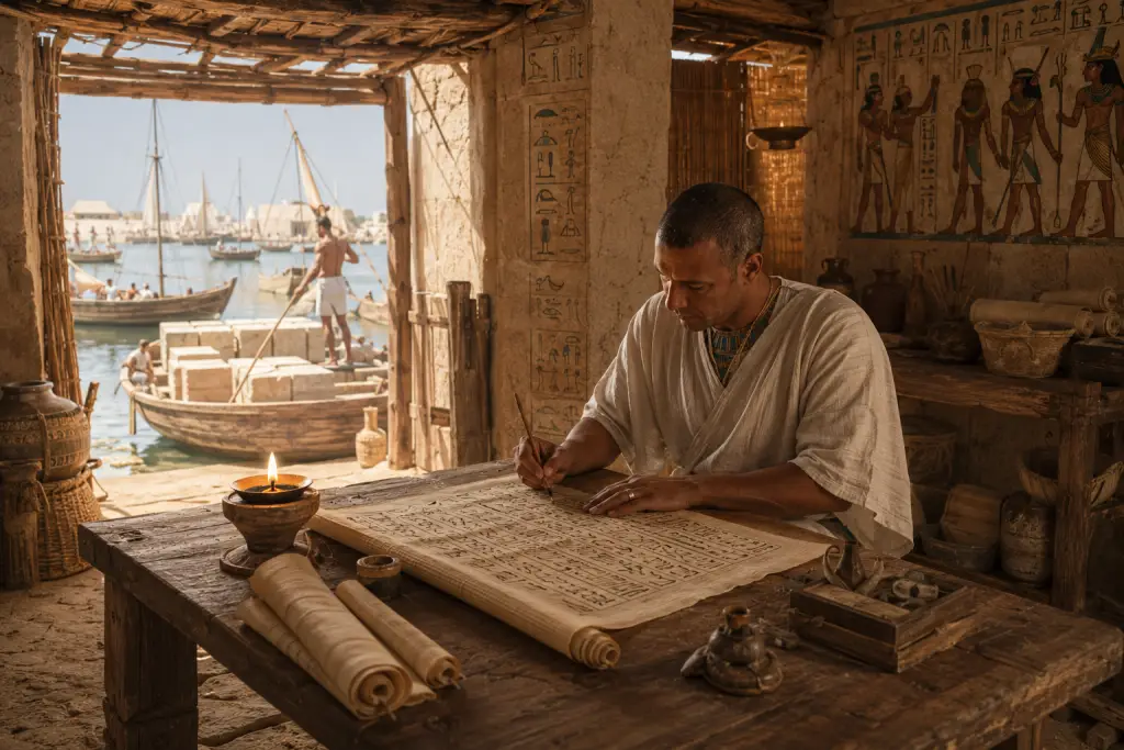 Ancient Egyptian inspector writing pyramid construction records on papyrus,
representing the Merer diary that documents how ancient Egyptians built the pyramids.