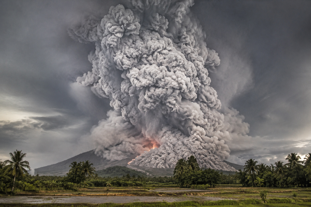 Mount Pinatubo 1991 eruption with massive ash cloud over the Philippine landscape