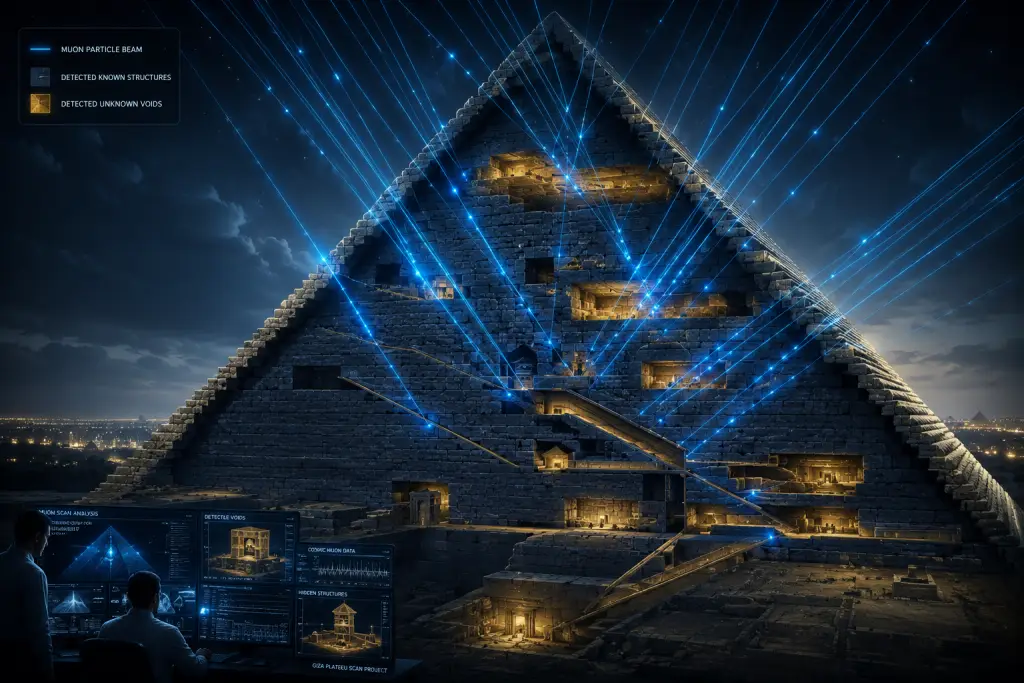 ScanPyramids muon tomography cross-section revealing how ancient Egyptians build
pyramids with hidden internal voids and corridors detected in 2025 scans.