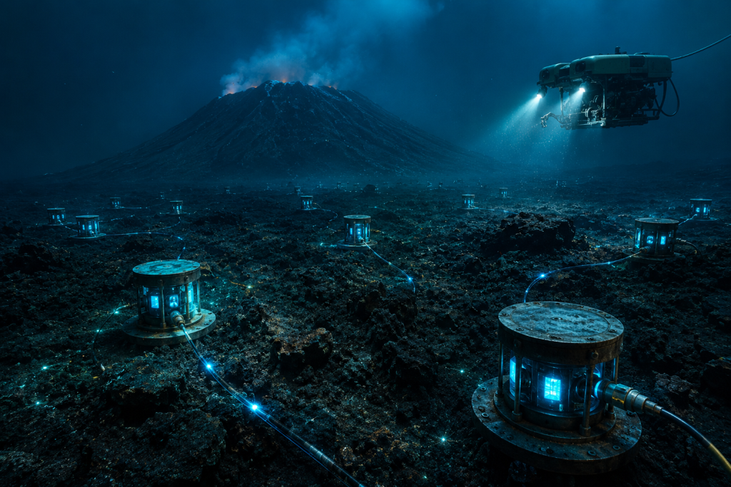 Why can't we predict volcanic eruptions — underwater monitoring network with instruments and cables on ocean floor